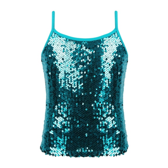 LiiYii Kids Girls Dance Party Camisole Sequins Adjustable Spaghetti Shoulder Straps Tank Top Lake Blue 14