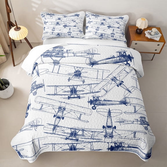 Erosebridal Navy Antique Biplane Twin Quilt Set for Boys Men, Cartoon Vehicle Print Twin Coverlet Set, 2 Pieces