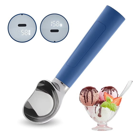 Heated Ice Cream Scoop, USB Rechargeable Electric Scooper with LED Display, Heats to 158°F for Hard Ice Cream, Easy for Seniors & Kids, IP67 Waterproof – Blue