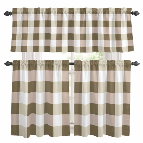 Brown Plaid Kitchen Curtains, Kitchen Curtains and Valances Set of 3, Spring Summer Farmhouse Buffalo Checkered Light Filtering Tailored Tier Curtain 24 Inch Length Drapes for Cafe Sink Bedroom