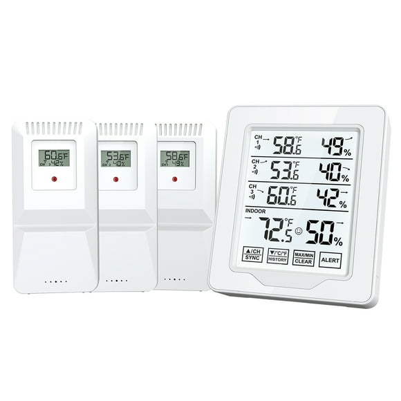Fawoonu 3 Channel Smart Large Screen Digital Temperature and Humidity Monitor with White Backlight, Temperature Alarm, Trend Display, Max Min Record, 3 Sensors - White 5109 - Batteries Not Included