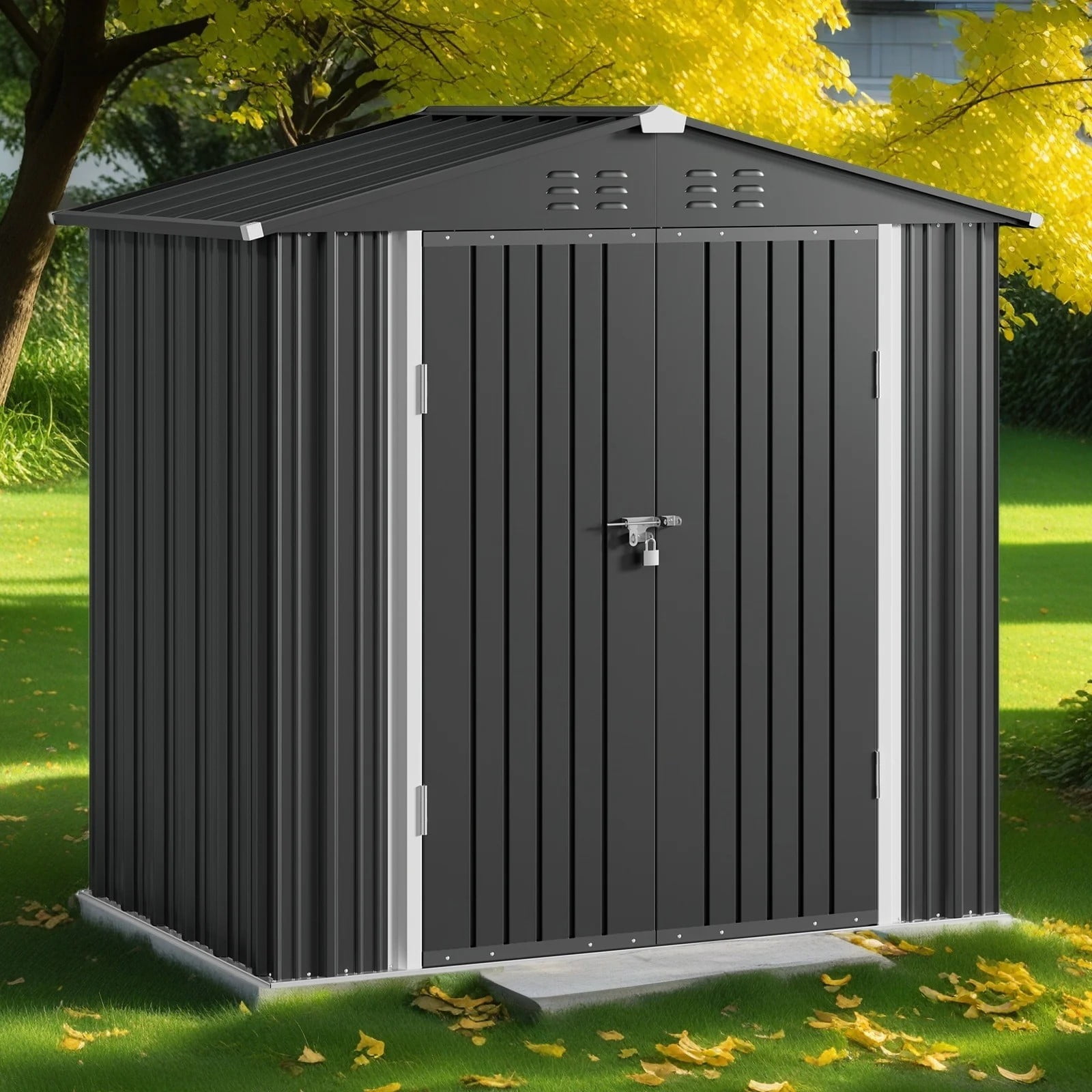 Jolifa 8x6 ft Outdoor Storage Shed, Heavy Duty Galvanized Steel Tool Shed with Lockable Double Doors, Waterproof Metal Garden Shed for Backyard, All Weather Shed for Lawn Equipment & Bike Storage