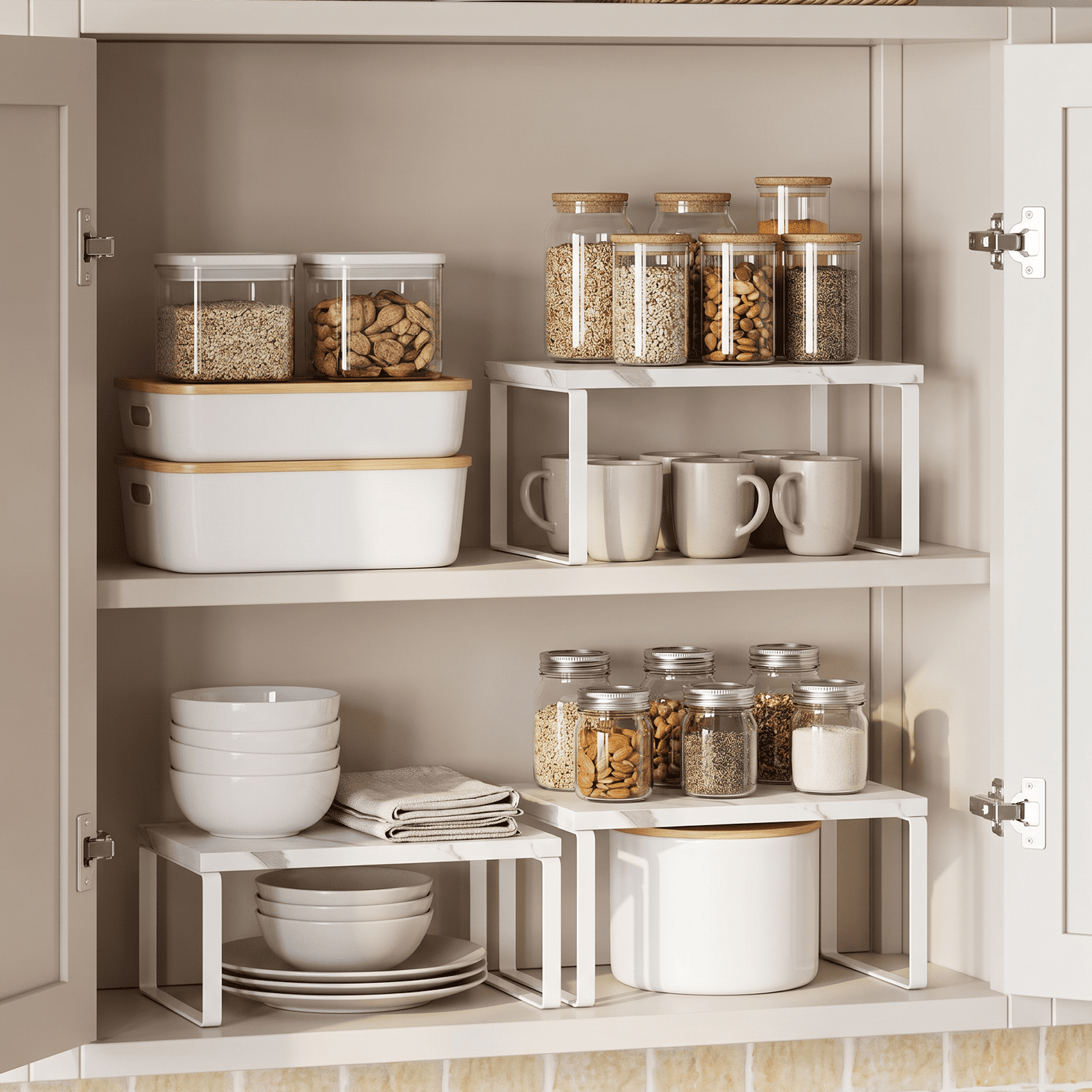 Koomade 2 Pack Cabinet Organizers Shelves,Cabinet Pantry Storage Rack, Pantry Cupboard Rack for Kitchen, 11.7''W,Marble grain + White