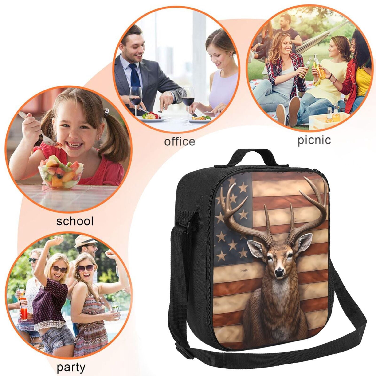 Defioc Deer American Flag Wall Print Lunch Box for Men & Women, Insulated Lunch Bag Thickened Thermal Leakproof Lunch Tote Bag for Adult Office Travel Picnic