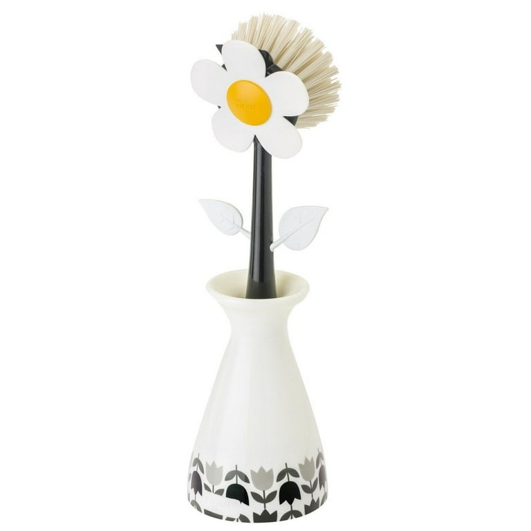 Decorative yellow dish brush flower shaped in vase by VIGAR 'Flower Power',  white background, - SuperStock