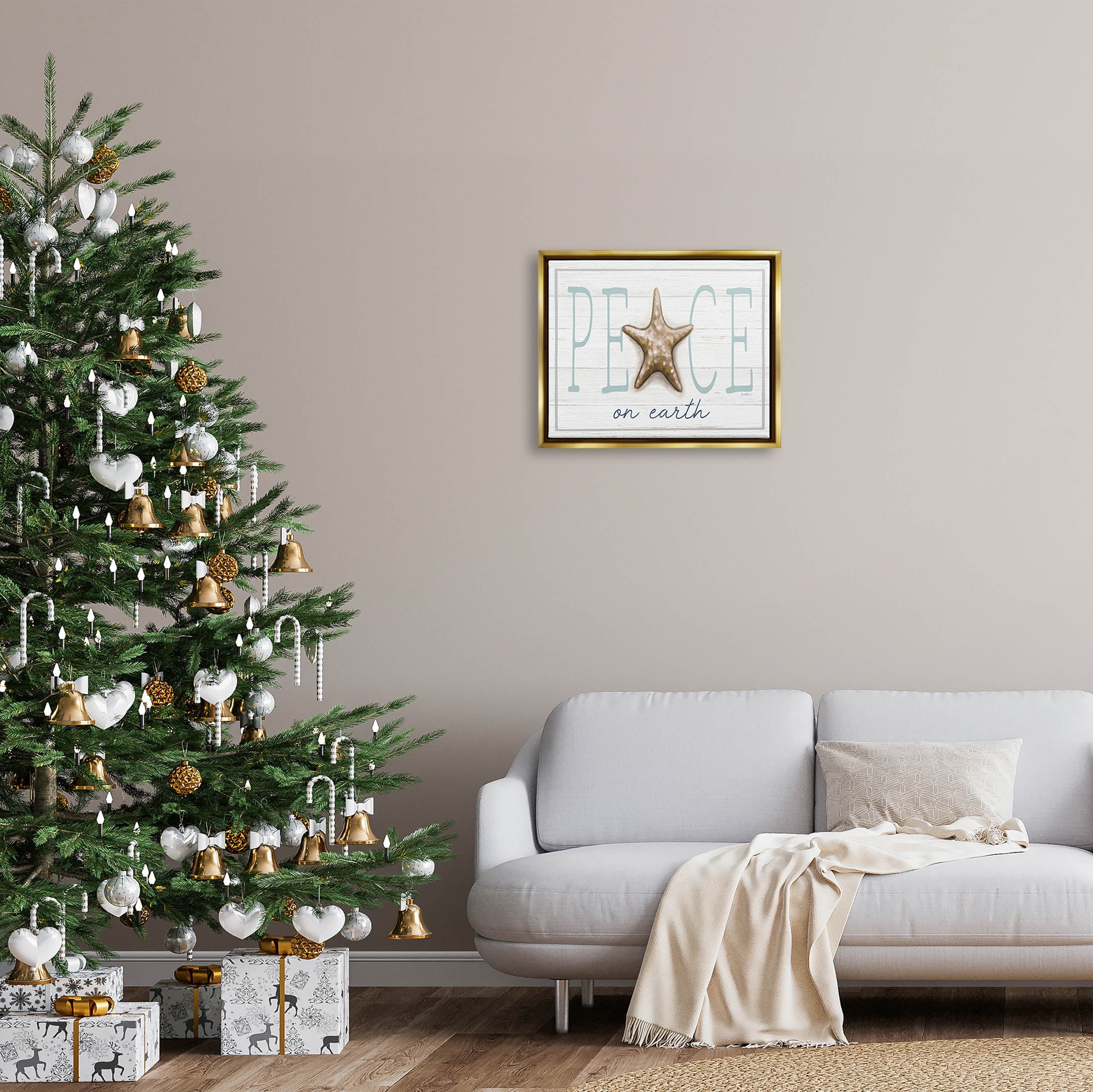 Stupell Industries Peace On Earth Starfish Sign Graphic Art Metallic Gold Floating Framed Canvas Print Wall Art, Design by Elizabeth Tyndall