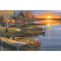 River's Edge New 24" X 16" Led Wall Art - Autumn Lake Cabin 1781