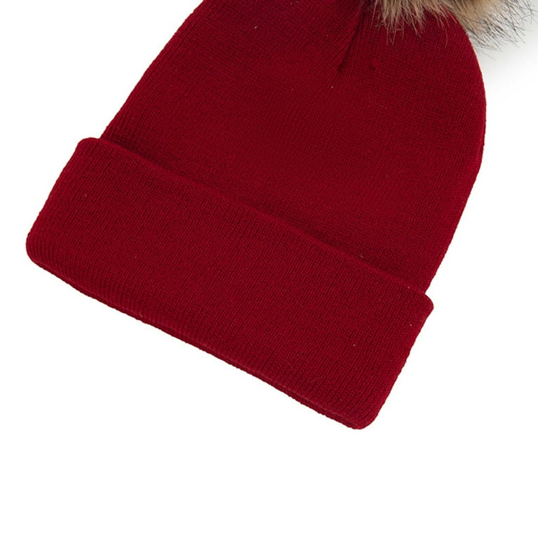 Kids Winter Hat Toddler Knitted Pom Beanie Hat Cotton Lined Cap Baby Girls  Boys Hat Red