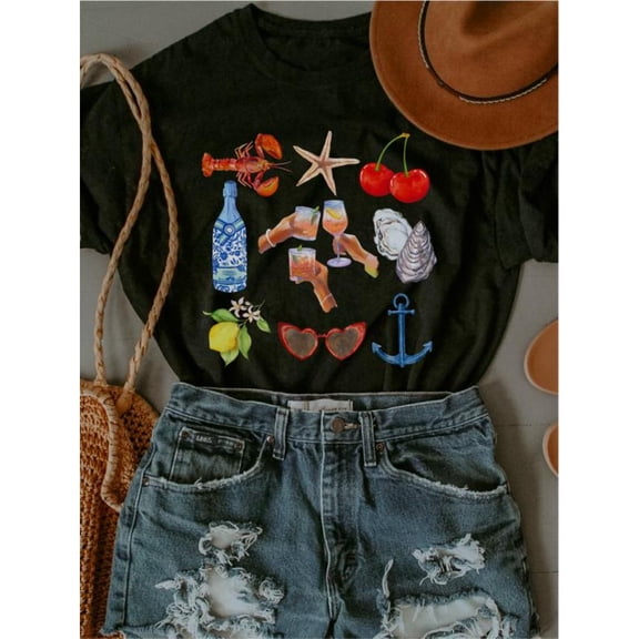 Women's Black Graphic Tee with Coastal Seafood & Drinks Print, S-5XL Plus Size T-Shirt, Casual Coastal Style Top for Beach Enthusiasts