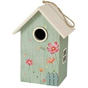 Cozy Cottage Bird House, Hand Crafted, Rustic Green with White Shiplap Roof, Framed Window, 3D Picket Fence, Painted Flower and Distressed Details, Twine Hanger, 8.75 Inches Tall
