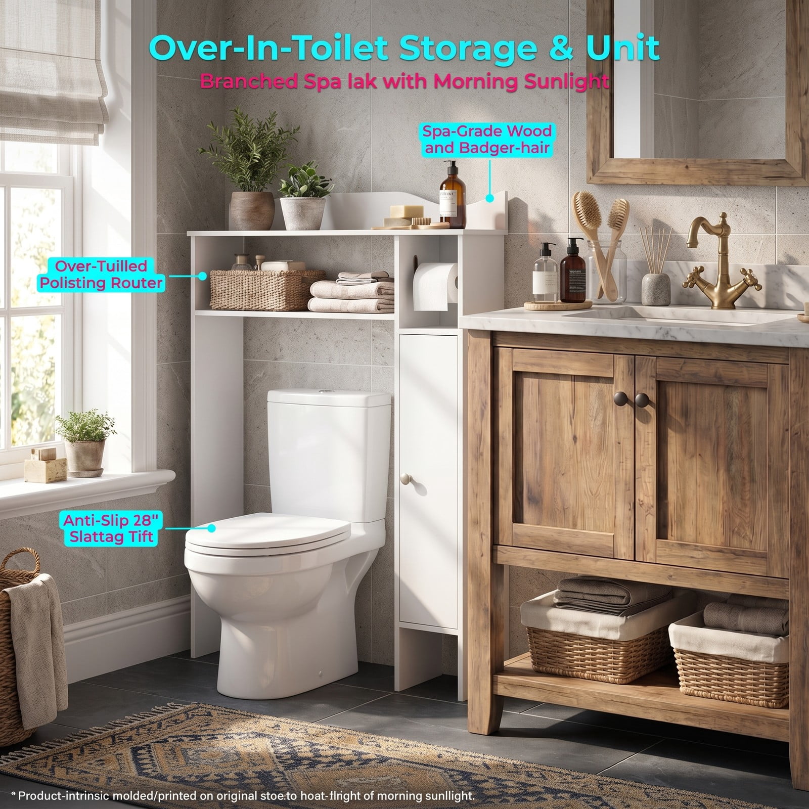 ALPULON Wood Over the Toilet Space Saver with Display Shelf Side Cabinet and Paper Holder for Small Bathroom Storage and Organization, White
