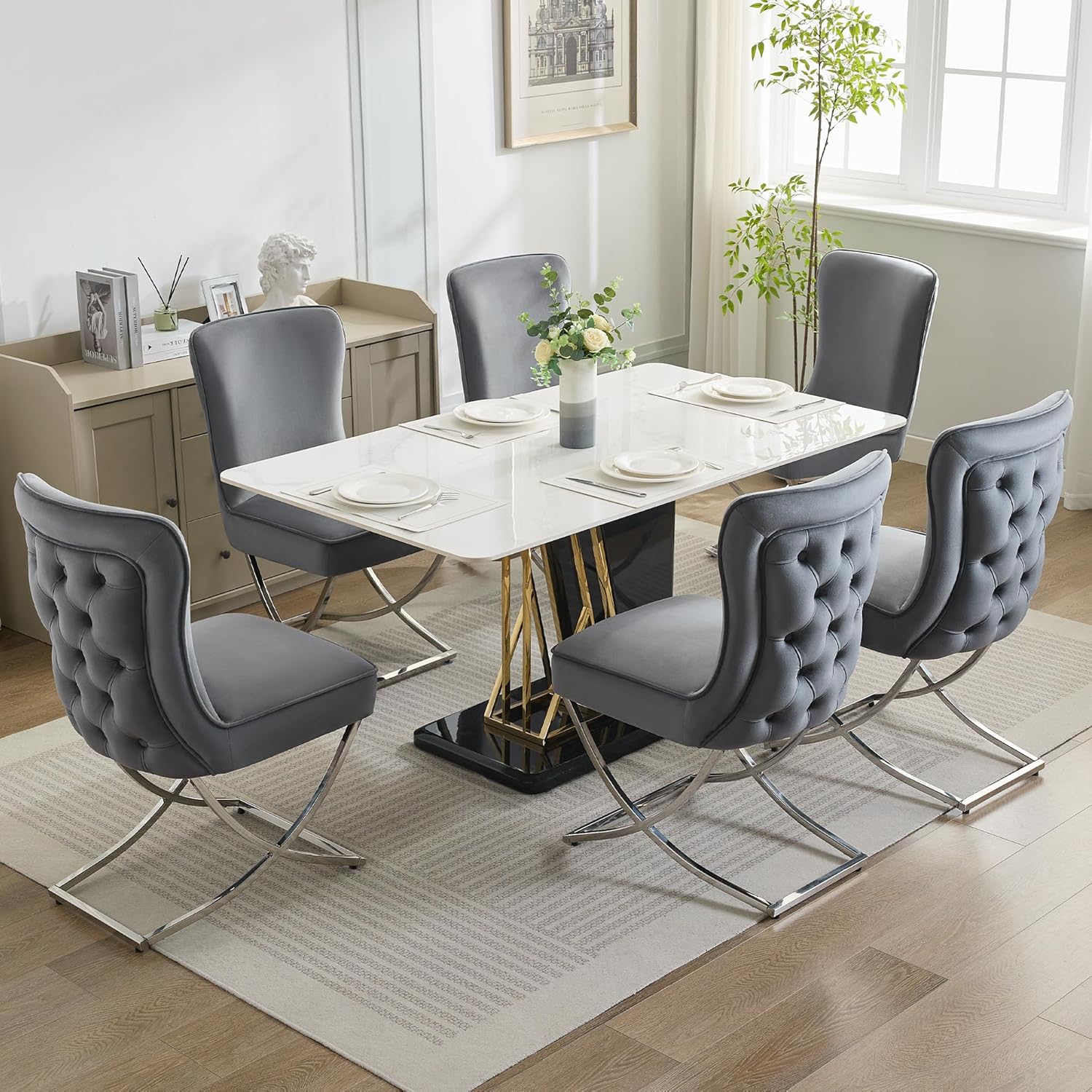2PCS Luxury Velvet Dining Chairs, Tufted Upholstered Armless Accent Chairs with Silver Metal X-Legs, Modern Glam Dining Chair Kitchen Chairs, Dark gray