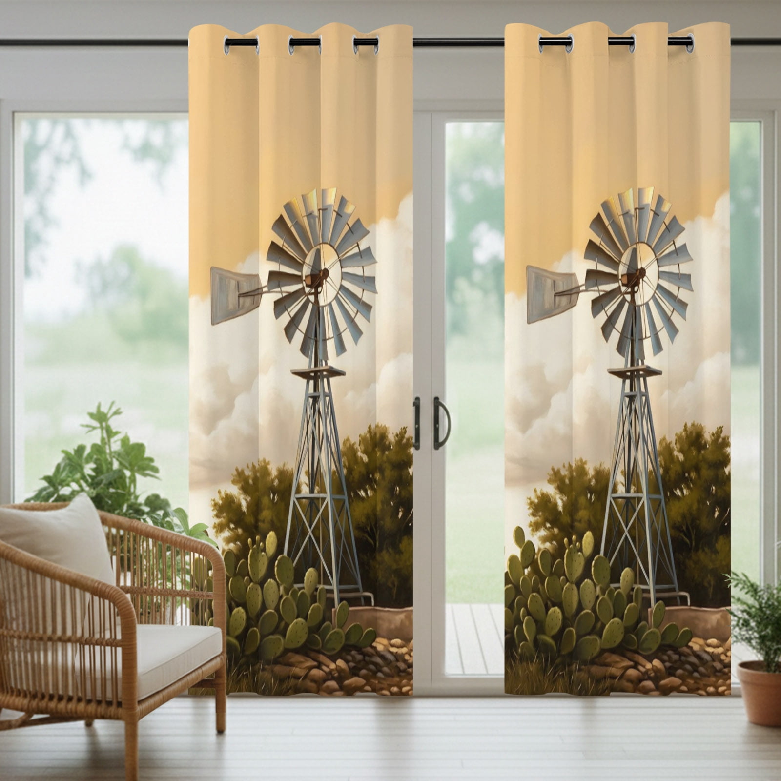 Windmill Outdoor Curtains for Patio, Windmill Farmhouse Sunset Field Trees Rustic Sunshade Privacy Drapes Grommet Waterproof Outside Curtains for Porch/Cabana/Balcony 54"x 108", 1 Panel