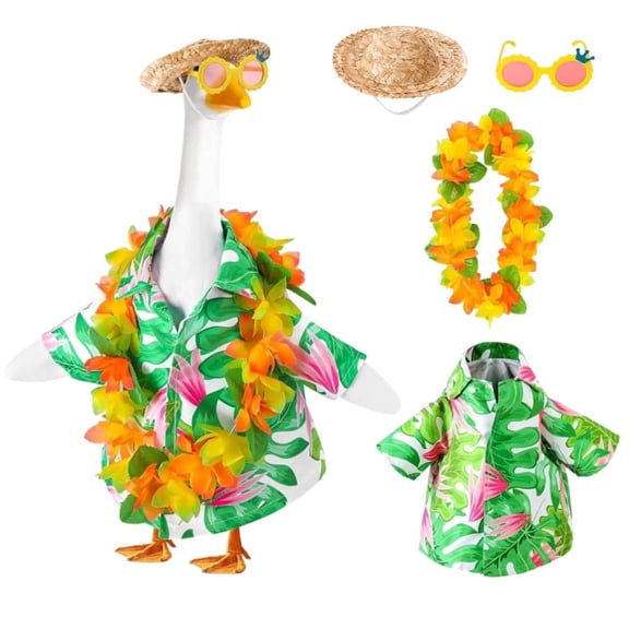 4 Pcs Hawaiian Porch Goose Outfit Set, Summer Lawn Goose Costume, Yard Goose Clothes with Hawaiian Wreath, Straw Hat and Glasses, Fits 23 Inch Goose Statue for Patio Garden Lawn Decoration