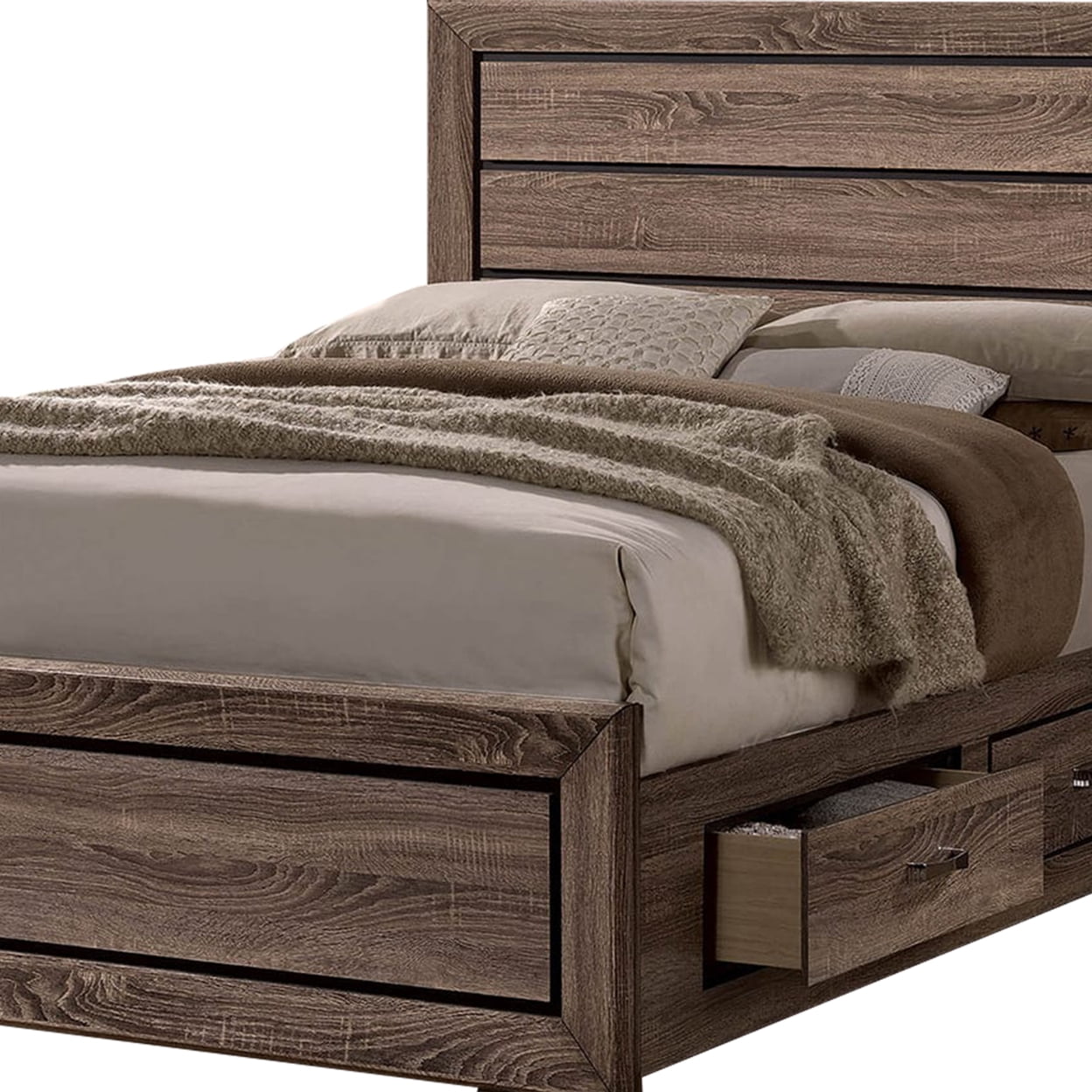 Wooden Eastern King Size Bed with Storage Drawers Taupe Brown - Saltoro Sherpi