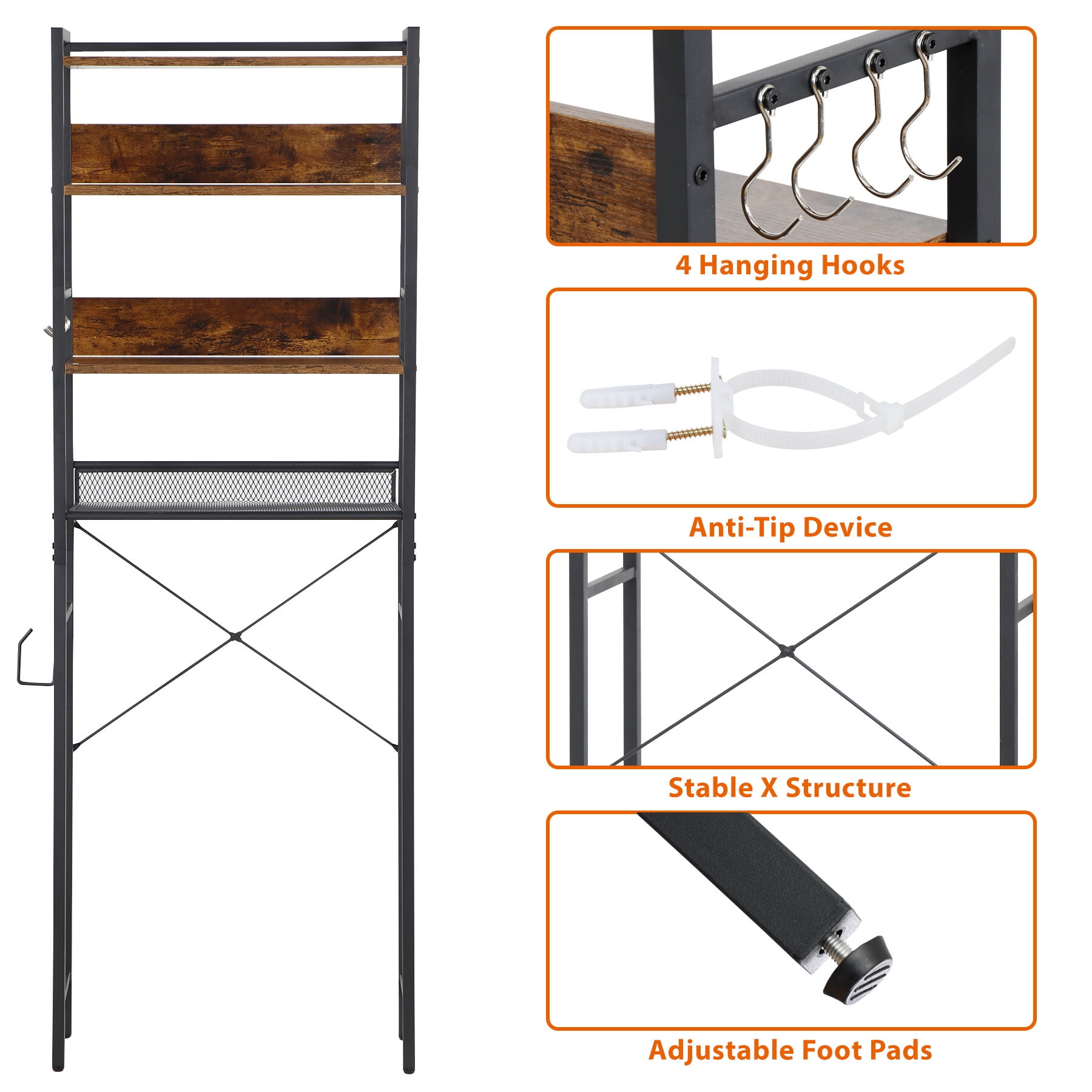 HomGarden 4-Tier over the Toilet Bathroom Storage Rack Adult Organizer Space Saver Rustic Dark Brown