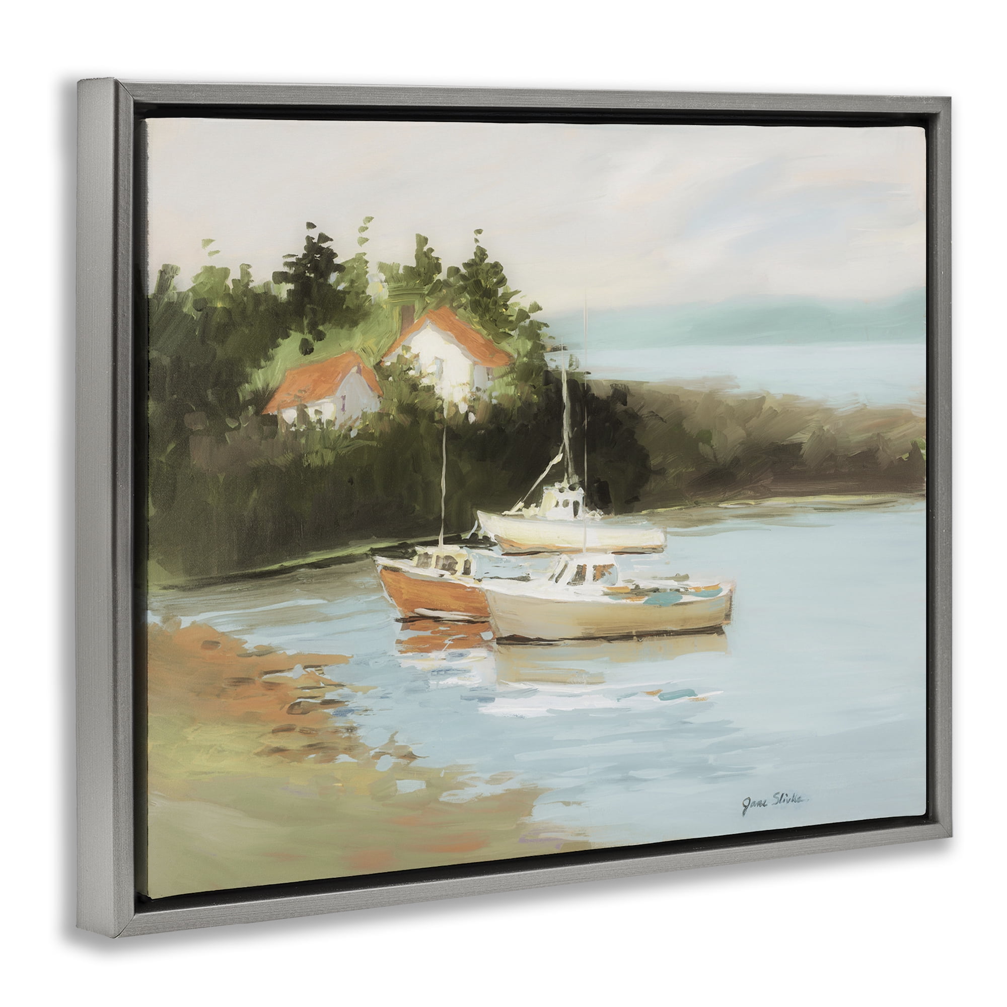 Stupell Industries Calm Boat Harbor Coastal Painting Gray Floater Framed Canvas Art Print Wall Art, 31 x 25