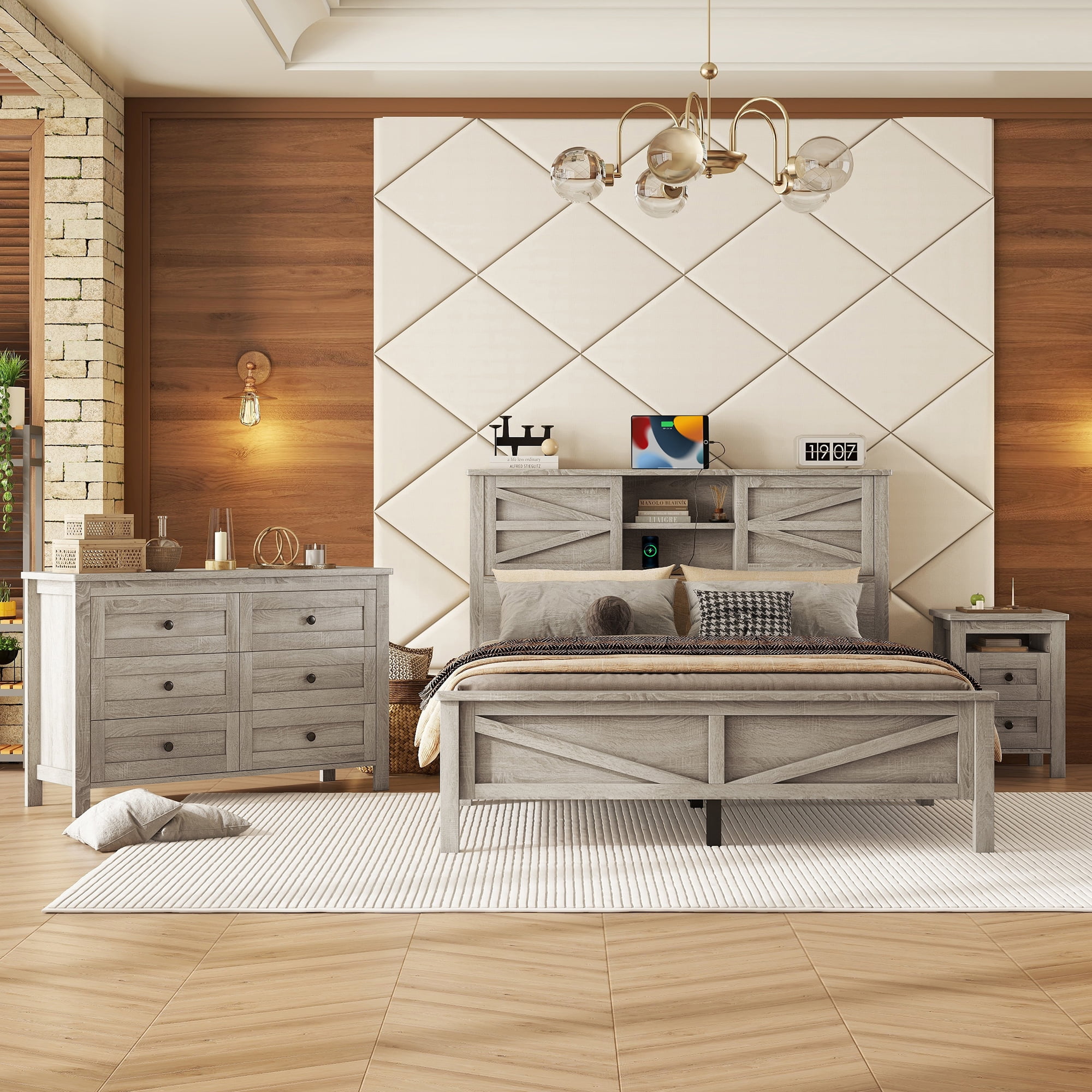 Mintazer Farmhouse 3-Piece Bedroom Set with Nightstand & 6-Drawer Dresser, Queen Platform Bed with Storage Headboard, Gray