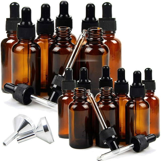 GHSDFBB 16 Amber Glass Dropper Bottles for Essential Oil, 8 pack (30ml) Amber Bottles With Glass Eye Dropper, 8 pack (50ml) Amber Bottles With Glass Eye Dropper, with 2 Stainless Steel Funne