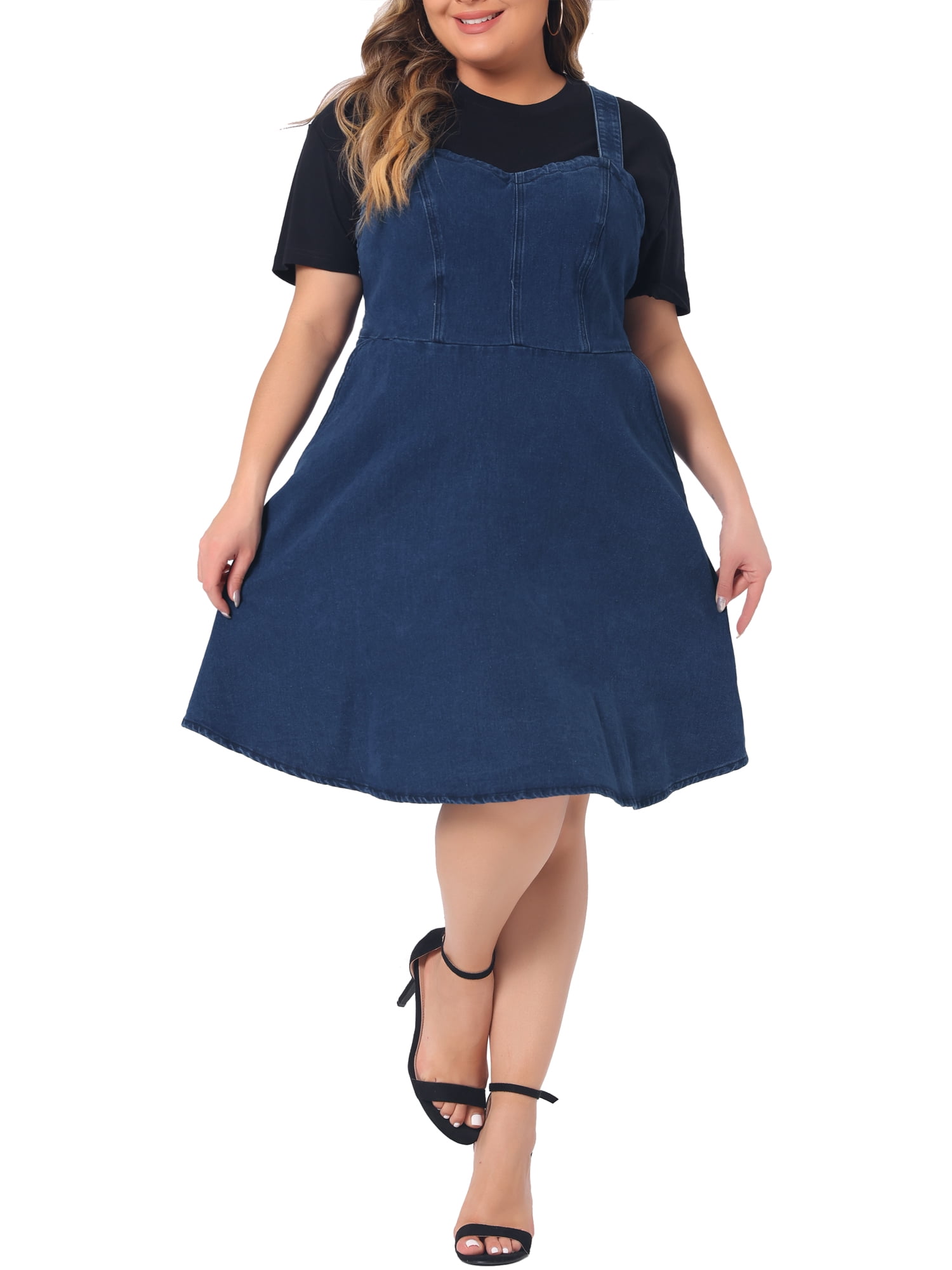 DARING DIVA Women's Plus Size Denim Overall Adjustable Straps Pockets Dress 5X Dark Blue