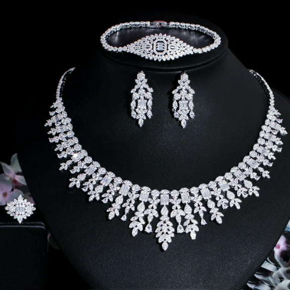 White CZ Leaf Drop Earring Necklace Bracelet Ring Set for Brides Pageant Jewelry
