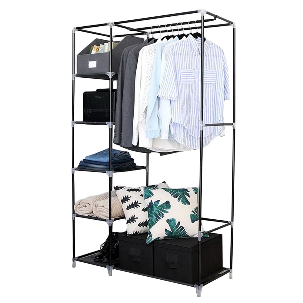 64" Portable Closet Storage Organizer Wardrobe Clothes Rack with Shelves Gray