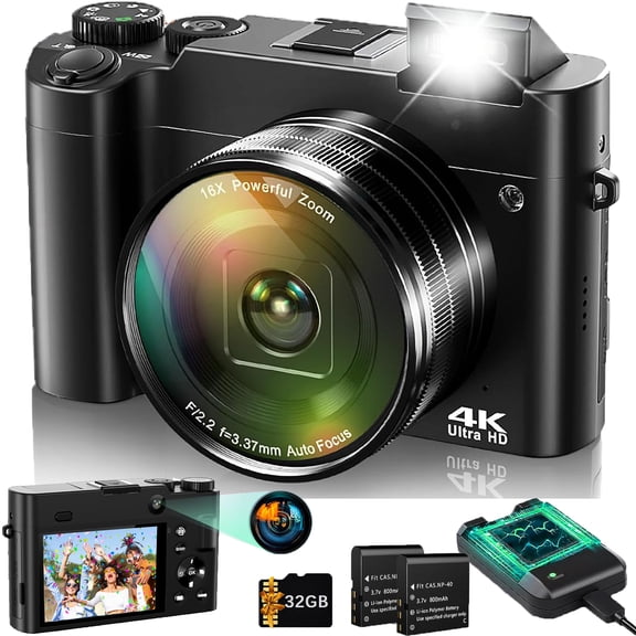 ACTITOP Digital Camera 4K Ultra HD 64MP Vlog Dual Camera for Youtube with 32GB Card 16x Zoom Autofocus Video for Photography