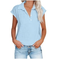 XuJwPNcy Cotton Linen Tops for Women Short Sleeve Button down Shirt Spring Collared Blouses Summer Outfits Clothes