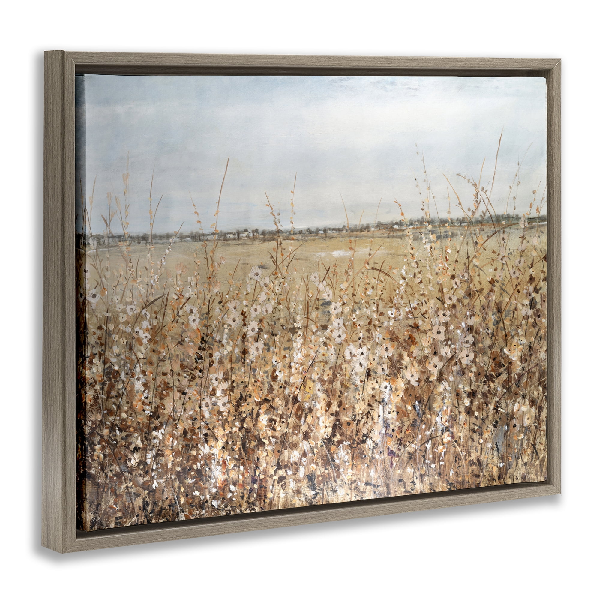 Stupell Industries Solemn Neutral Meadow Landscape & Nature Painting Brown Floater Framed Canvas Art Print Wall Art, 31 x 25