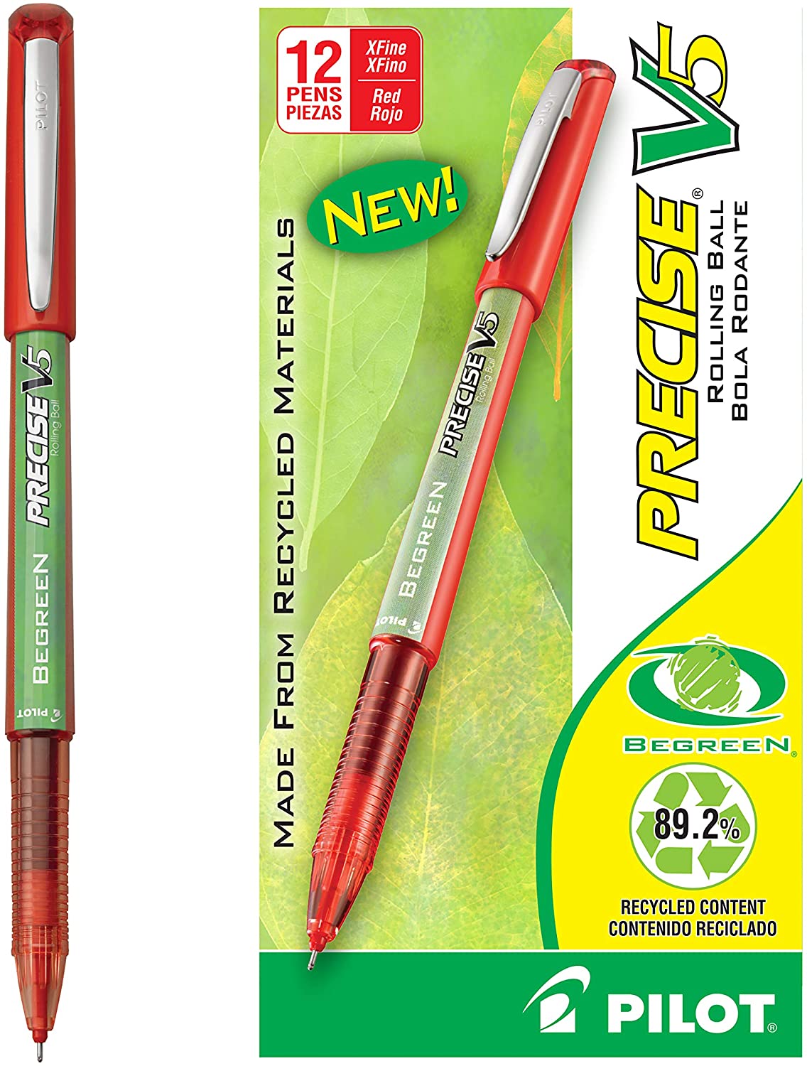 Pilot BeGreen Precise V5 Rolling Ball Pens, Extra Fine Point, Red Ink