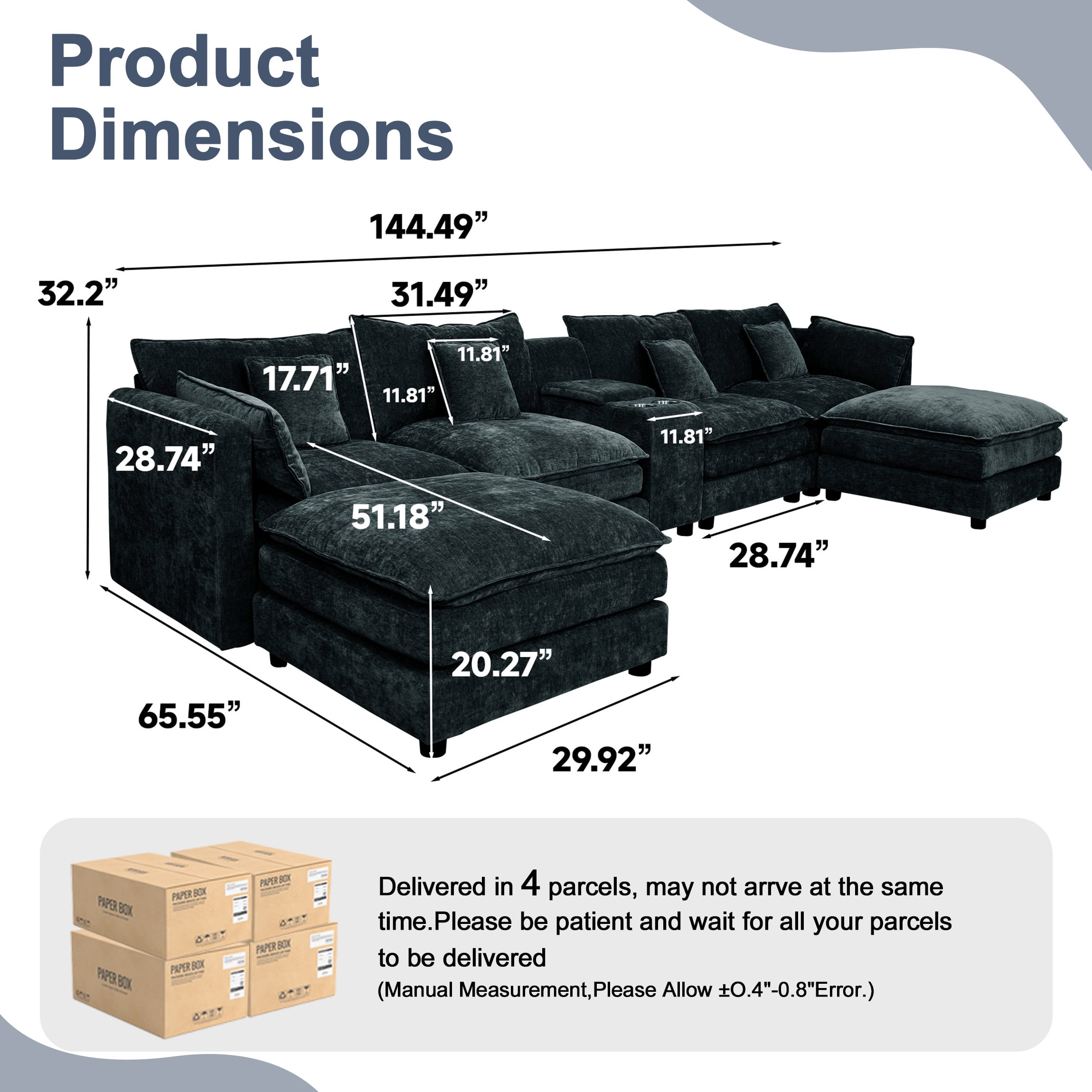 144" Cloud Couch, Black-Gray Modular Sectional Sofa, Chenille 6 Seat U Shaped Couch with Storage Box, Cup Holders and Movable Ottoman