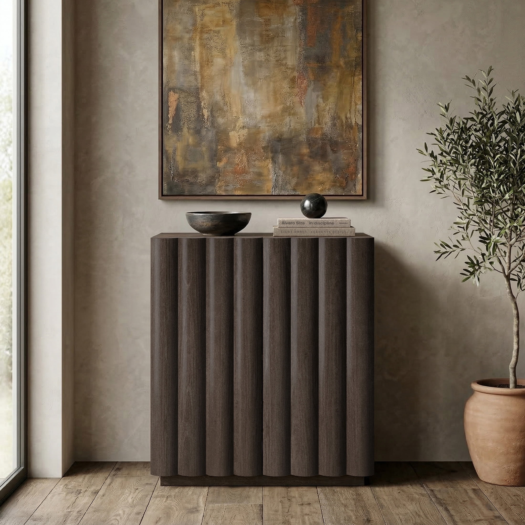 Evelyn&Zoe Modern/Contemporary 28" Wide Brown Oak Accent Cabinet