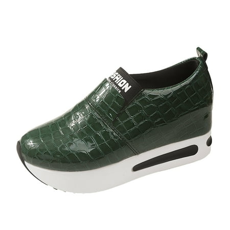 QYZEU Women Shoes Casual Women Wedges Ladies Fashion Solid Color Stone Comfortable Leather Thick Sole Casual Shoes Womens Casual Slip on Leather Shoes Green 39