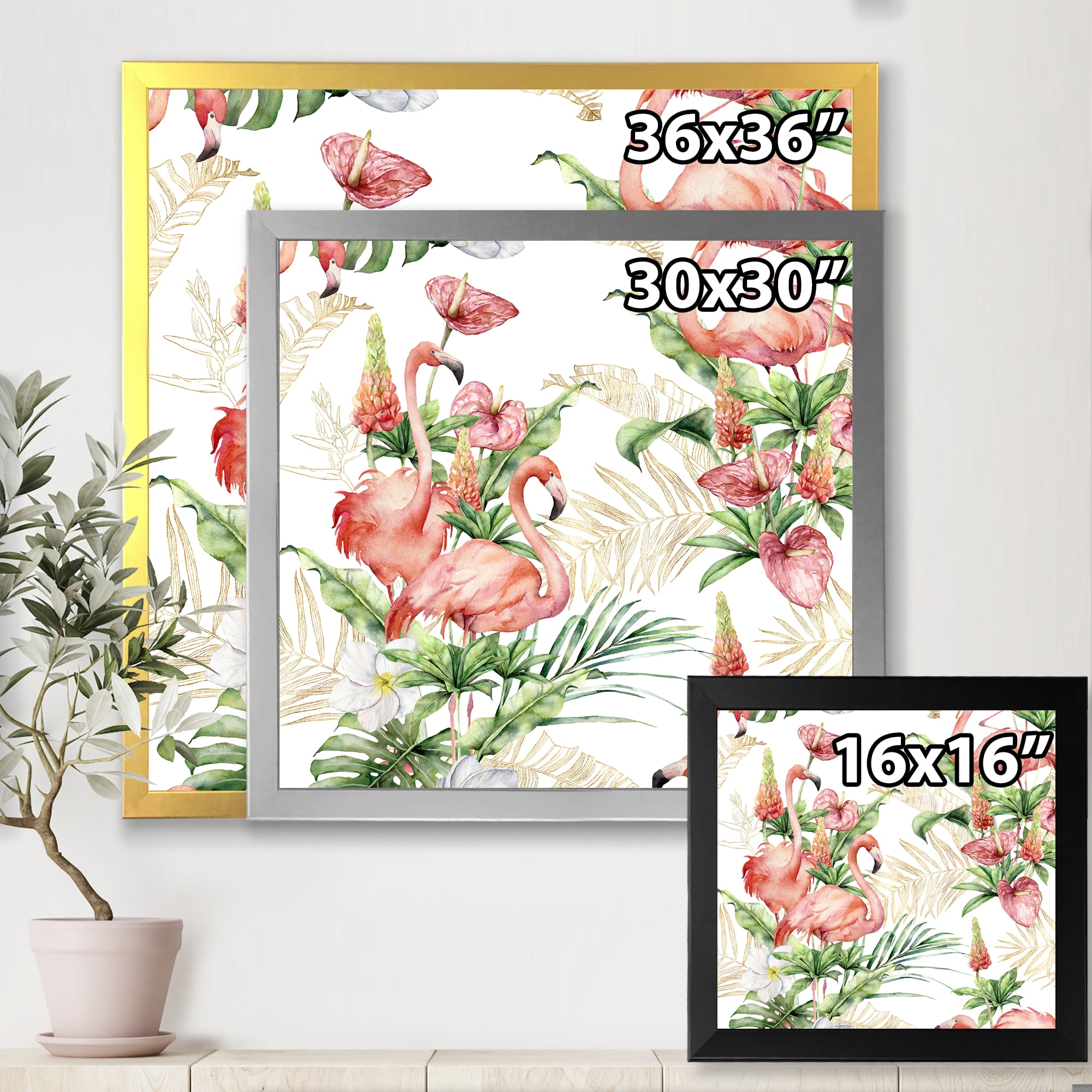 Designart 'Tropical Flowers & Gold Leaves With Pink Flamingos' Traditional Framed Art Print