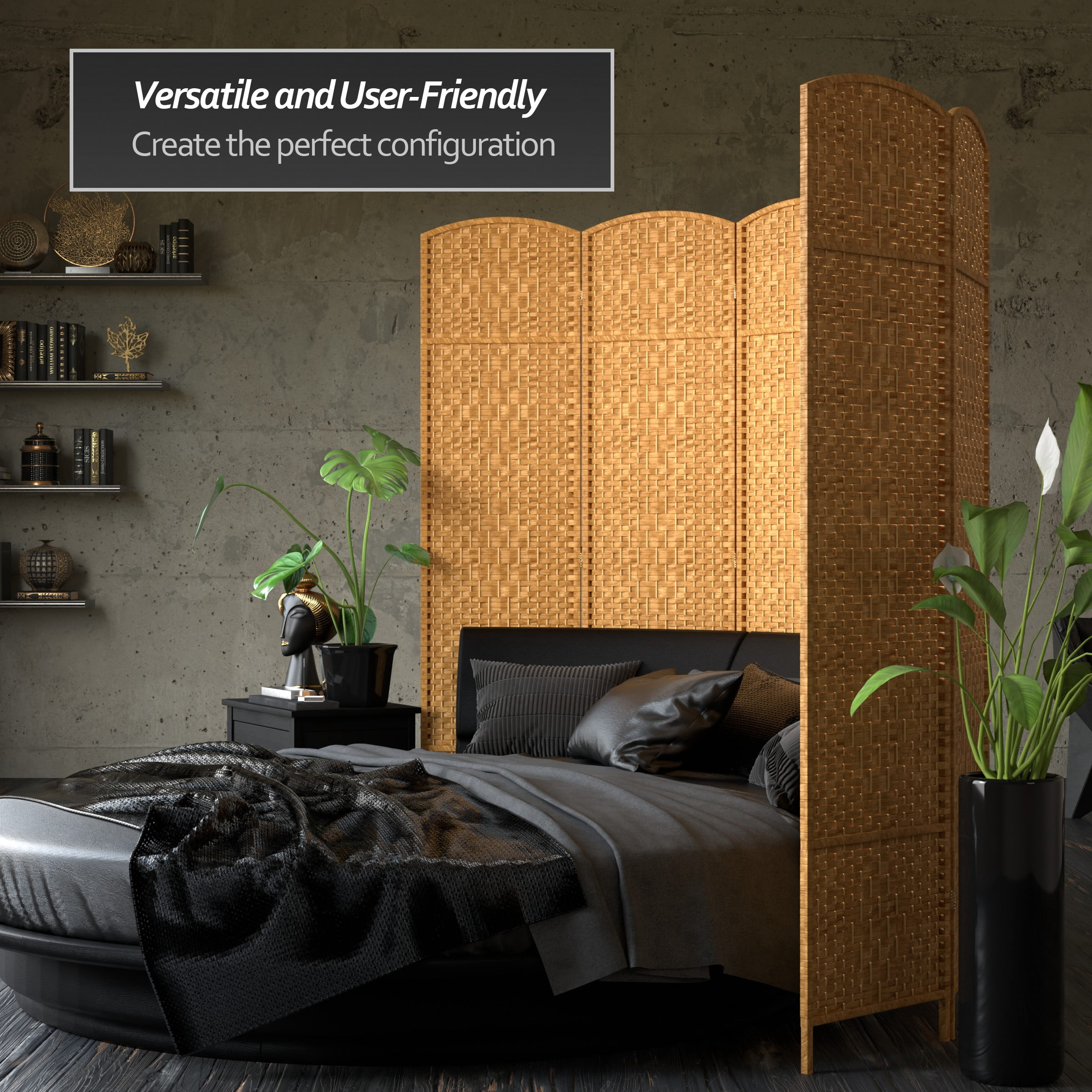 7 ft. Tall Rattan Fiber Diamond Weave Privacy Screen Room Divider - Light Beige - 6 Panels