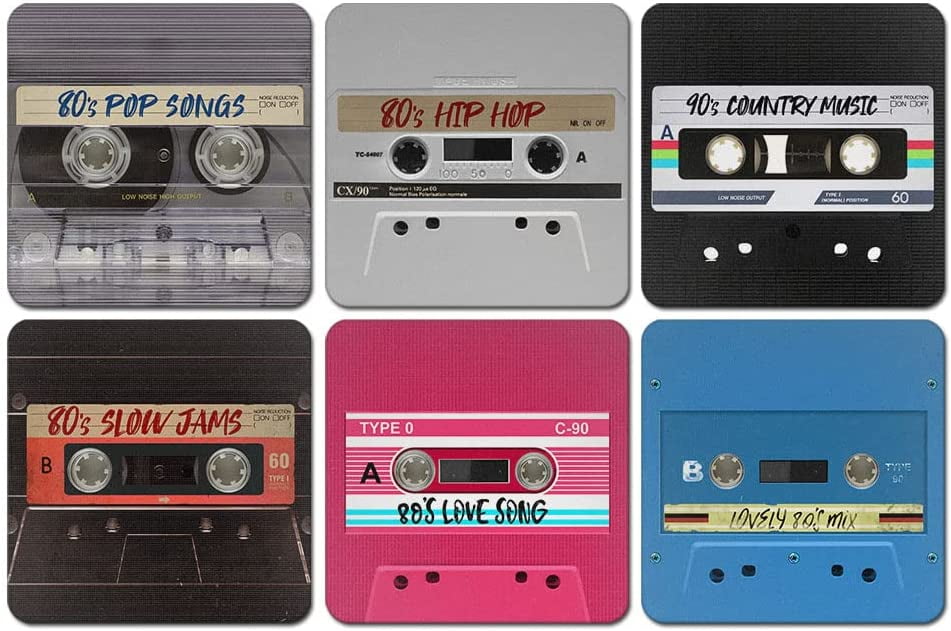 CARIBOU Design Square Fabric Coasters for Drinks, Set of 6, Funny Vintage Used Cassette Tapes