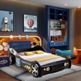 thumbnail image 4 of BFJDM Twin Size Race Car Bed for Kids - Black Wooden Platform Frame with LED Lights, Wheels & Slat Support ,No Box Spring Needed, 4 of 8