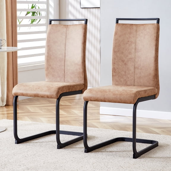 Brown Tech Cloth Upholstered Dining Chairs (Set of 2) - Ergonomic High Back, Cushioned Seat, Modern Metal Legs for Kitchen, Vanity, Patio, Office, Guest Room - 16.5"W x 21"D x 39"H
