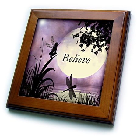 - 3dRose Believe, Fairy With Dragonflies With Moon And Purple Sky - Framed Tile, 6 by 6-inch