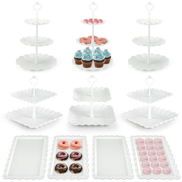 TINANA 10 PCS Plastic Cake and Cupcake Stand Set, 3 Two-Tier Stands, 3 Three-Tier Stands, 4 Appetizer Trays, for Birthday, Bridal, and Baby Shower Parties, White