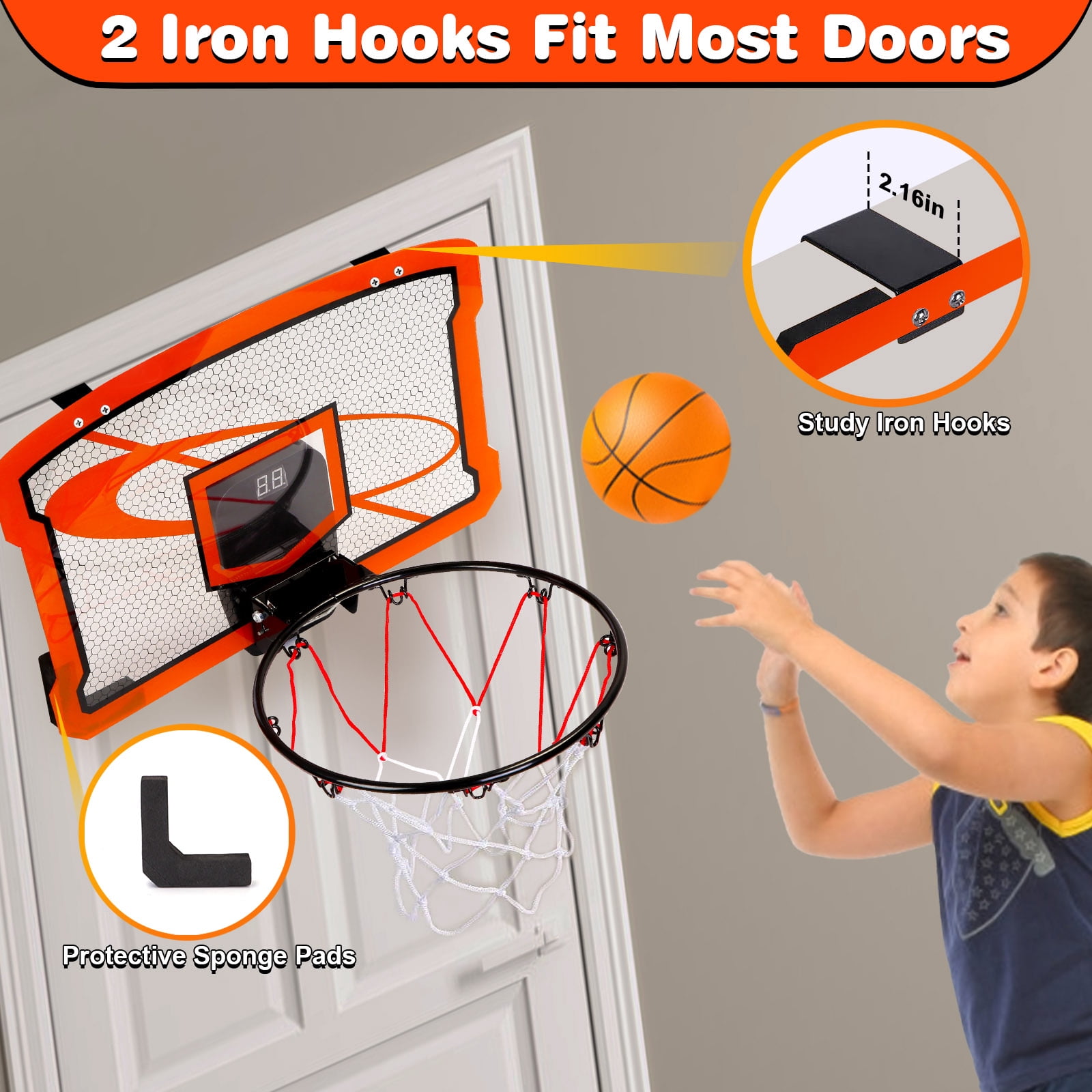 iMounTEK 15.74" X 9.64" Basketball Hoop Interactive Indoor Basketball Toys for Kids, Mini Basketball Hoop for Door with 4 Balls
