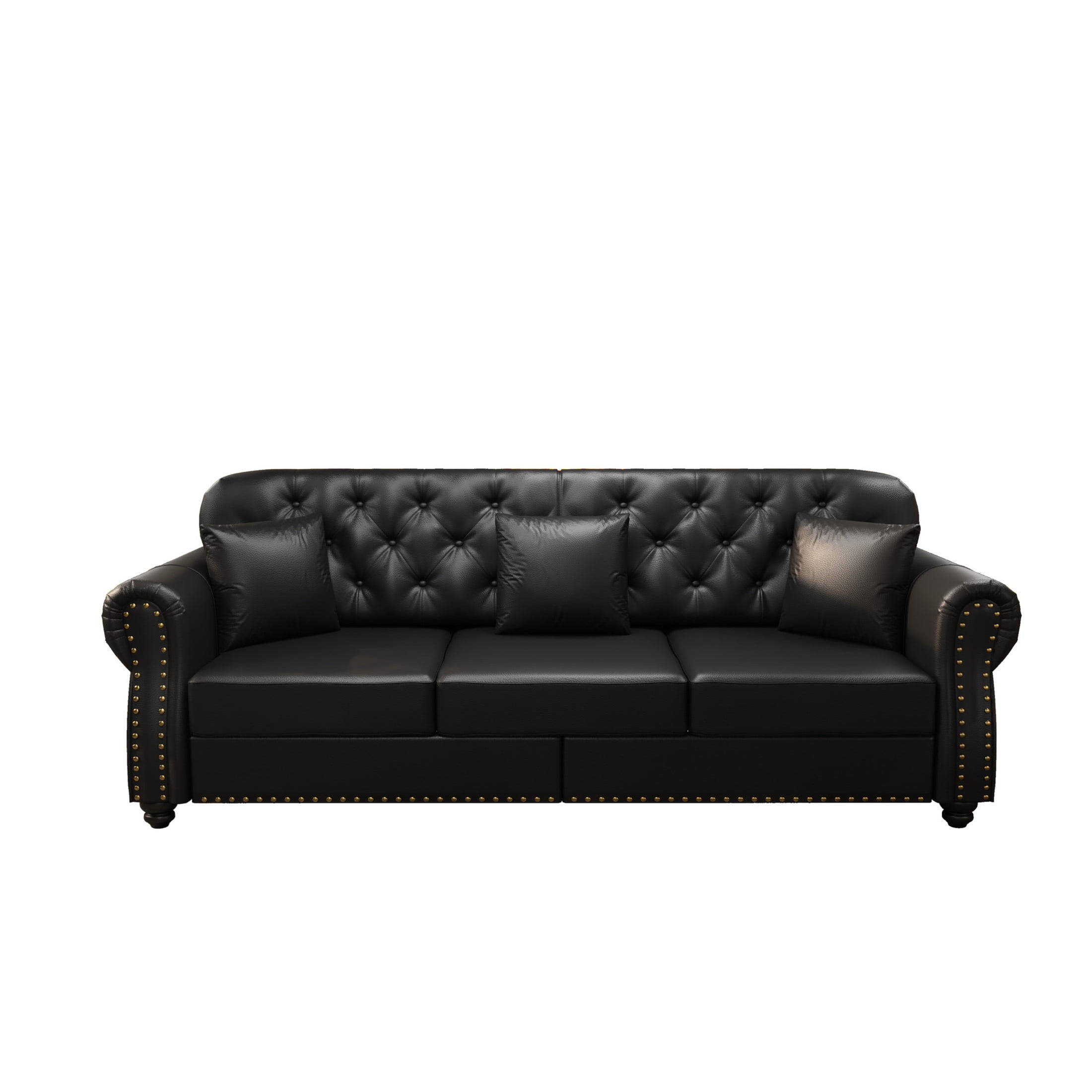 Noble House 82.6" Upholstered Faux Leather Chesterfield Sofa, Button Tufted Couch with Pillows and Nailheads, Black