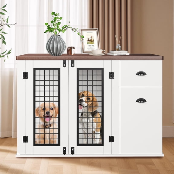 Accreate Pet Furniture Dog Cage with Side Cabinet, 15mm Particleboard Heavy Duty Dog Crate, 42" Double Door Dog Crate Furniture Suitable for Large Dogs, and Cabinet with Drawers,White
