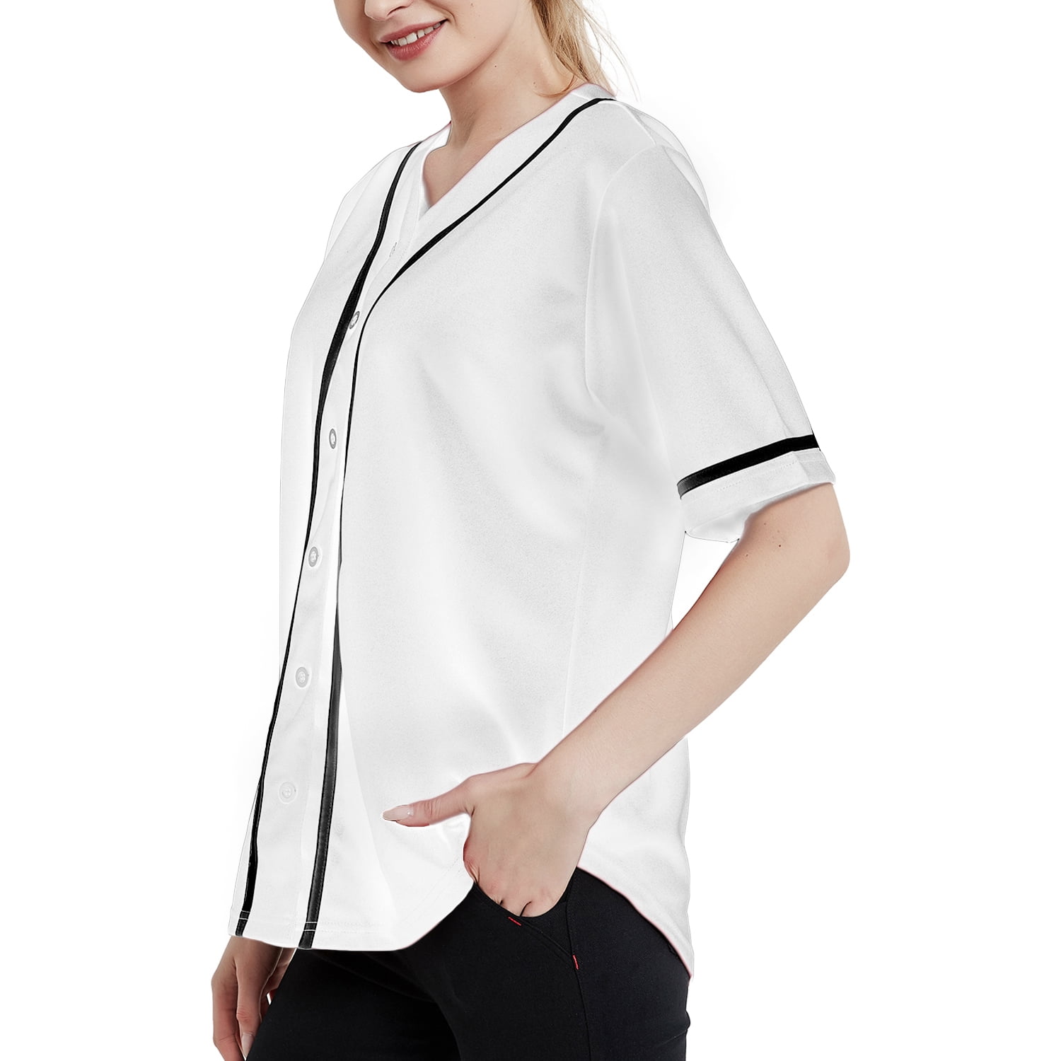 TOPTIE Women's Baseball Jersey Hip Hop Hipster Button Down Baseball T-Shirt-white black-S