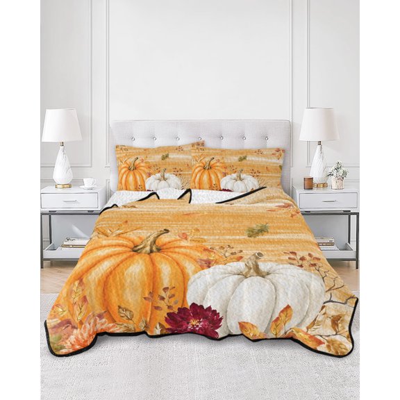 Twin Quilt Bedding Set Thanksgiving Orange White Pumpkin Summer Quilt Lightweight Quilted Coverlet with 2 Pillow Shams, Autumn Flower Leaves 3-Piece Bedspread Quilt Set for All Season