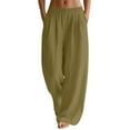 thumbnail image 2 of QATAINLAV Linen Pants Women Baggy Wide Leg Palazzo Pant Solid Casual Elastic Waist Travel Trousers with Pockets Beach Vacation Clothes, Army Green, XXXL, 2 of 9