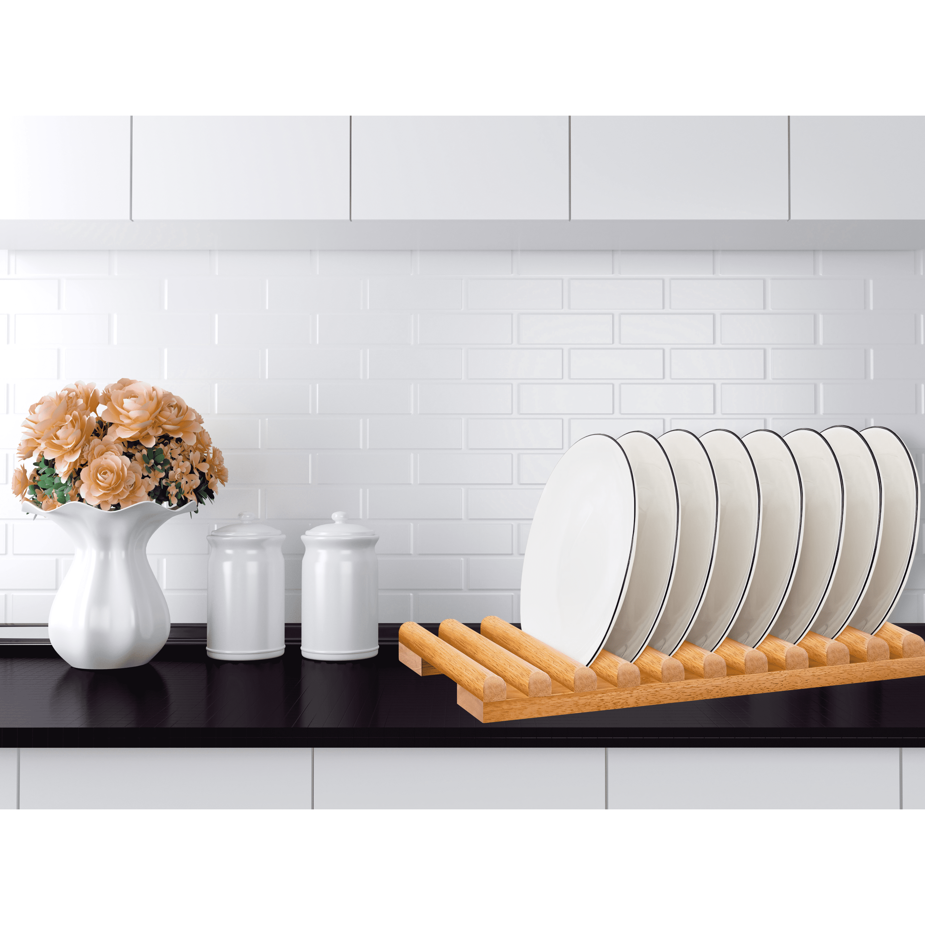 ILOT Solid Wood Kitchen Dish Drying Rack 10 Slots Plate Organizer for Cabinet New Apartment Essentials Plate Holder for Kitchen Display Countertop (Pack of 2)