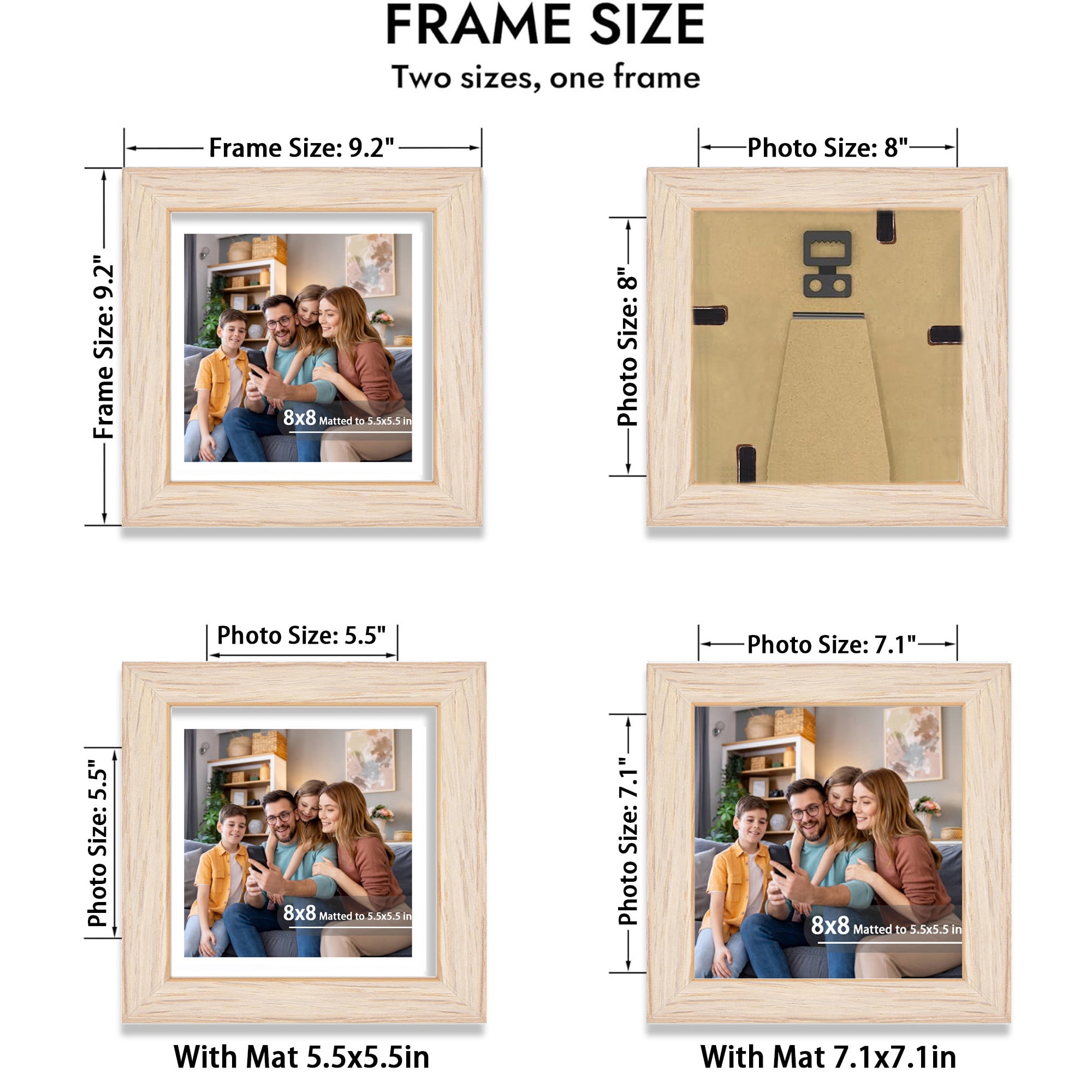 8x8 Picture Frame Set of 3, Display 5.5x5.5 Picture with Mat or 8 x 8 Without Mat, Square Wood Photo Frame for Wall Mount and Tabletop Display