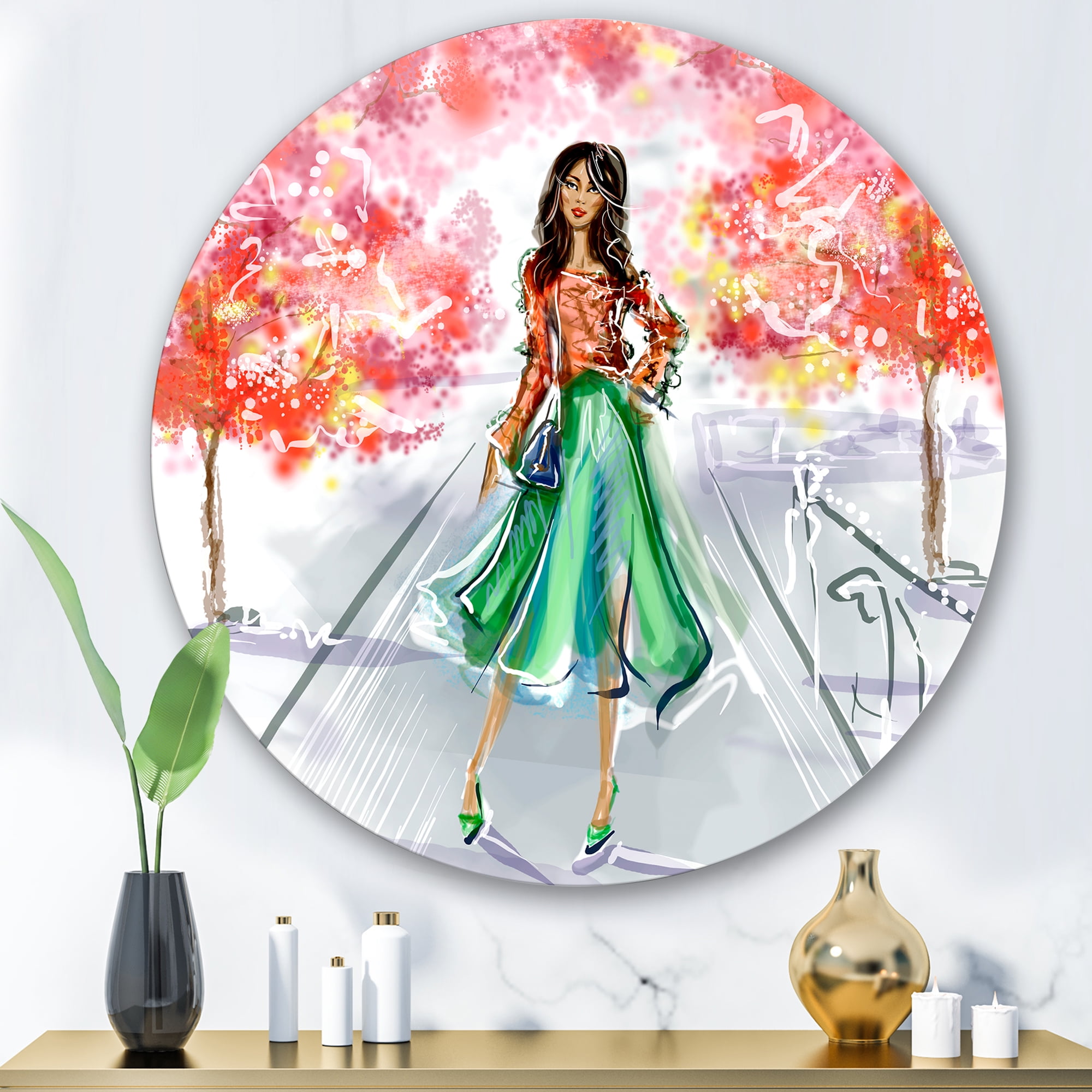 Designart 'Beautiful Woman Wearing Fashionable Clothes In Park' Traditional Circle Metal Wall Art 29x29 - Disc of 29