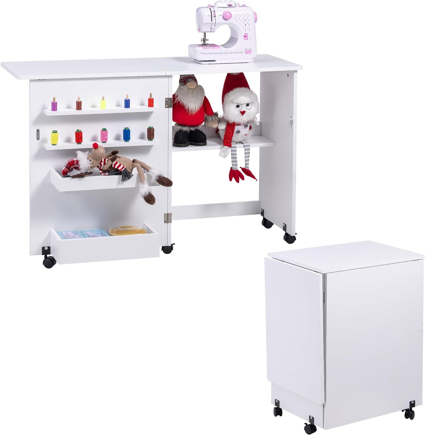 Folding Sewing Table, Multipurpose Sewing Machine Table with Compact Design, Wheels, Shelves, Bins, Pegs, Magnetic Locks (White)